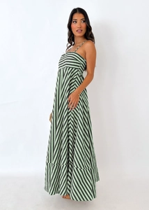 Detail of green and black striped maxi dress showing the tiered hem and spaghetti straps