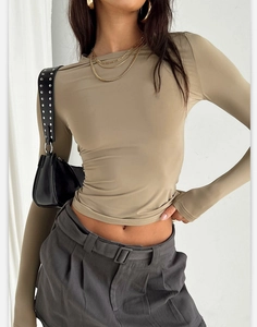Detail of khaki slim-fit long-sleeve knit top showing elastic ribbed texture and round neck