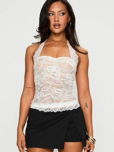 Elegant white lace halter neck top with ruffled chest and backless design for women