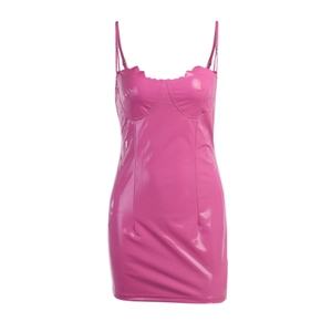 Close-up of hot pink leather mini dress with scalloped neckline and glossy finish