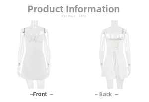 Front and back view of white sleeveless dress with ruched bust and lace-up back