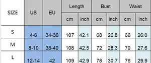 Detailed size chart for summer tiered dress showing US EU sizes and measurements
