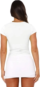 Back view of women's white slim fit short sleeve t-shirt and mini skirt set