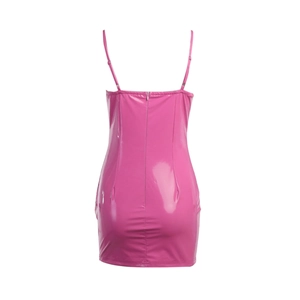 Detail view of the glossy hot pink faux leather dress with a back hidden zipper
