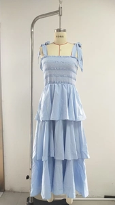 Detail of light blue tiered dress featuring spaghetti straps and smocked bodice details