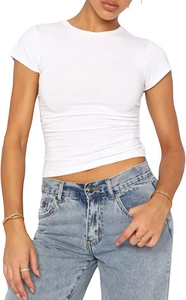 Detail of slim fit white short sleeve t-shirt paired with high waist blue jeans