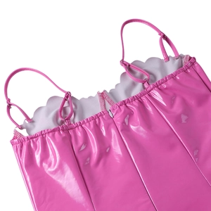 Detail of hot pink square neck faux leather dress with zipper and adjustable straps