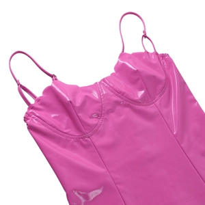 Detail of hot pink glossy faux leather top with underwire cups and thin straps