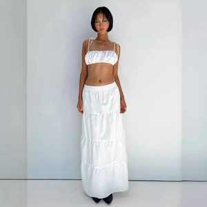 Women Summer Satin Cropped Cami Tank Top And High Waist Tiered Cake Maxi Skirt Vacation Elegant Outfits
