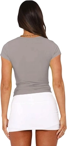 Rear view of tight-fitting grey short sleeve T-shirt and white mini skirt for women