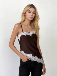 Brown silk camisole top with white lace trim and adjustable thin straps for women