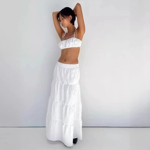 Women's summer two-piece white set with a cropped camisole top and high-waisted tiered maxi skirt