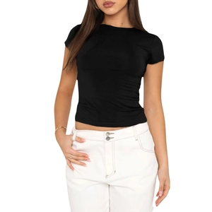 Slim fit black short sleeve t-shirt for women with classic crew neck and elastic fabric