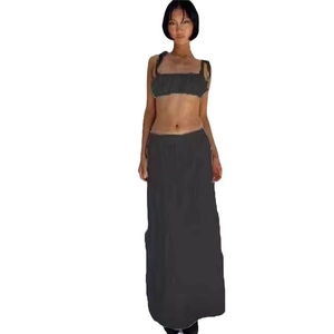 Women's 2-piece dark grey set featuring crop tank top and high waist long maxi skirt