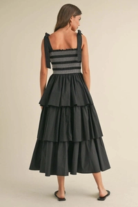 Detail of smocked back with white contrast stitching on black tiered summer dress