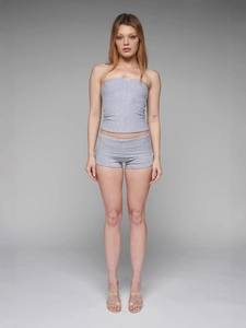 Sexy Women High Waist Shorts And Lace Mesh Camisole Off Shoulder Long Sleeve Top Ribbed Knit Home Wear Top And Shorts