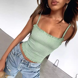 Dames Gesmokte Spaghetti Bandjes Crop Top Sexy Ruches Zoom Mouwloze Cami Tank Top Zomer Casual Streetwear Vest