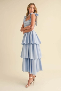 Detail of light blue tiered sun dress with smocked bodice and tie-knot straps