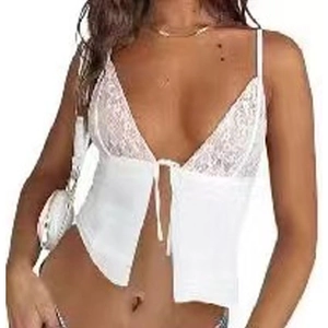 Sexy white lace mesh patchwork tank top with deep V-neck and front tie closure