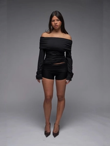 Women's black off-shoulder long sleeve top and high-waist slim fit booty shorts set