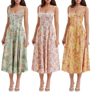 French Vintage Floral Corset Midi Dress Spaghetti Strap Lace Up Back High Slit A Line Summer Vacation Dress For Women