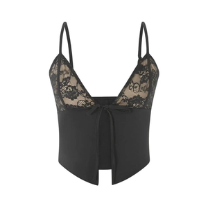 Sexy black lace patchwork camisole top with floral embroidery and deep V-neckline