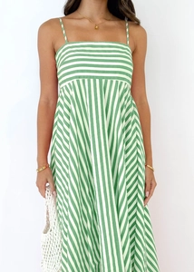 Detail of green and white striped summer dress showing strap and waistline texture