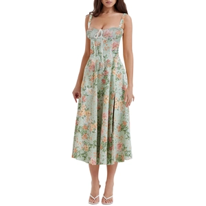 French romantic floral midi dress with slim fit corset bodice and high slit detail