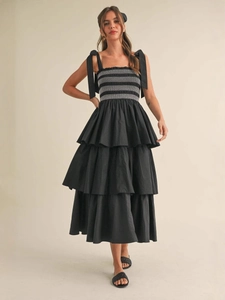 Women Summer Resort Tiered Cake Midi Dress Bow Tie Straps Smocked Bodice Sleeveless Solid Color A-Line Sundress Vacation