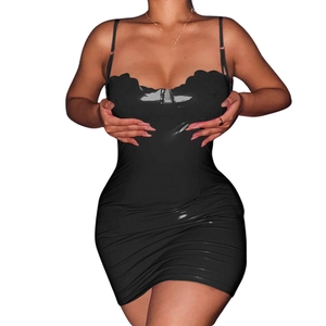 Sexy black glossy bodycon mini dress with thin straps and scalloped neckline details