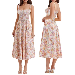 Detail of floral midi dress with tie-front bust and backless design in pink patterns