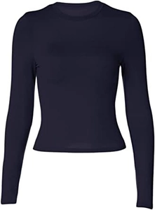 Detail of slim fit crew neck long sleeve top in navy blue with stretchy ribbed texture