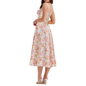 Side-back view of floral midi dress featuring slim shoulder straps and a backless design