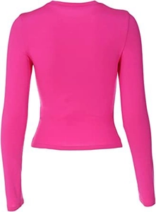 Rear view of pink slim fit long sleeve top with irregular cropped hem and crew neck