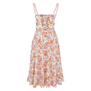 Women's square neck floral midi dress featuring adjustable lace-up back and slim fit design