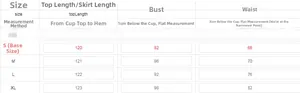 Size guide with bust, waist, and length measurements for floral bow party dress