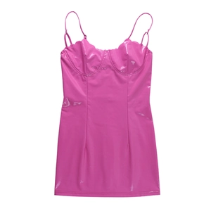 Hot pink square neck mini faux leather dress with bustier design and glossy finish