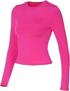 Close-up of rose pink slim fit long sleeve top with crew neck and elastic fabric