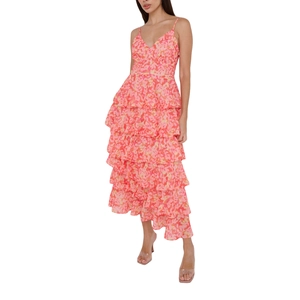Detail showing the tiered ruffle layers and pink floral print of the summer maxi dress