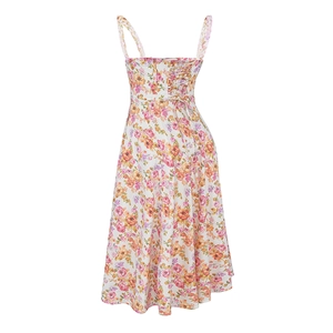 Floral print square neck slip dress with open back and drawstring tie for women