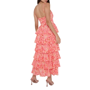 Detail of floral backless sundress with tiered ruffled skirt and spaghetti straps
