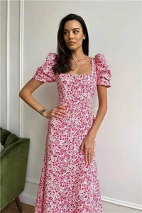 Detail of square neckline and vintage puff sleeves on a red floral midi dress