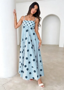 Macro shot of light blue polka dot summer maxi dress with tiered hem and thin straps