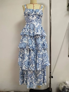 Detail of blue floral maxi dress featuring a tiered ruffle skirt and smocked bodice detail