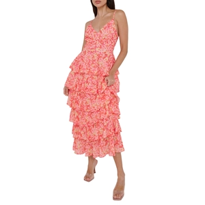 Women's Summer Floral Spaghetti Strap V-Neck Backless Tiered Maxi Dress Boho Ruffle Layered Vacation Party Long Dress