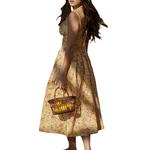 Detailed side view of yellow floral midi dress with spaghetti straps and slender waist fit