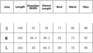 Size chart for maternity dress with S, M, and L measurements in centimeters