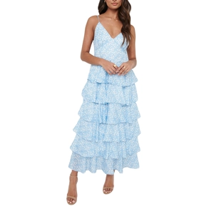 Detailed tiered skirt layers of a light blue floral summer dress for women with ruffles