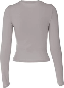 Rear view detail of slim fit long sleeve t-shirt in dusty purple with a round neckline