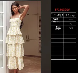 Detailed size guide table for the floral maxi dress showing length and waist specifications